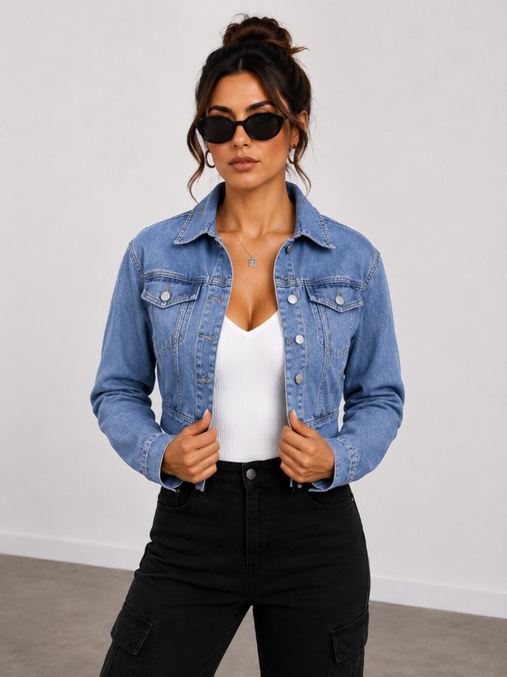 Medium Wash Cropped Denim Jacket Fitted Jean Jacket Y2K NWT